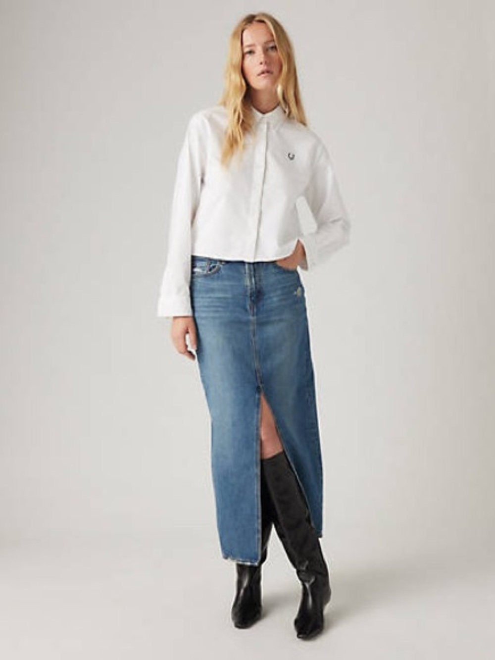 Levi’s Premium Ankle Column Denim Midi Skirt Distressed Women’s 28